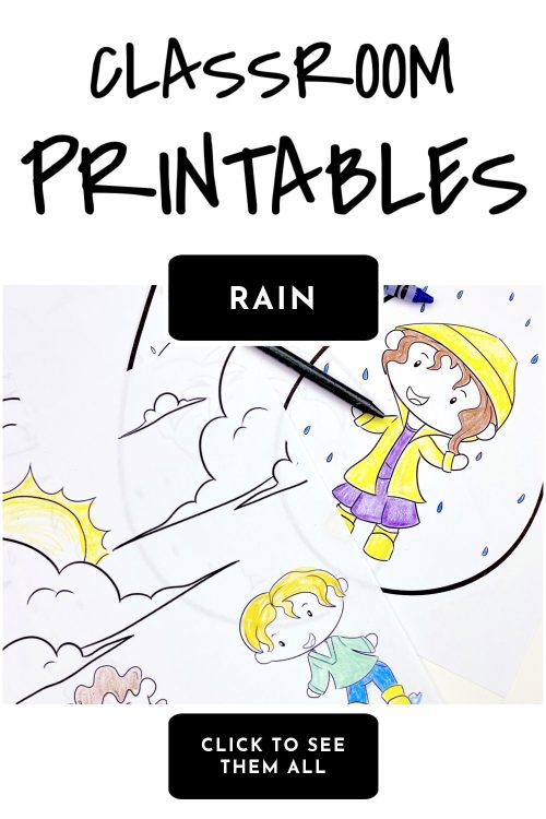 Rain coloring page. Text reads "Classroom printables - rain"