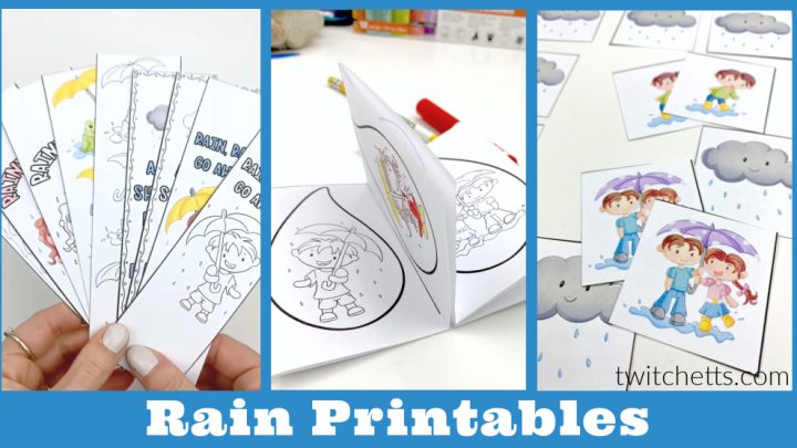 printable activities with a rain theme. Text reads 