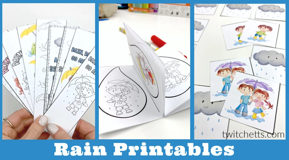 printable activities with a rain theme. Text reads "Rain Printables"